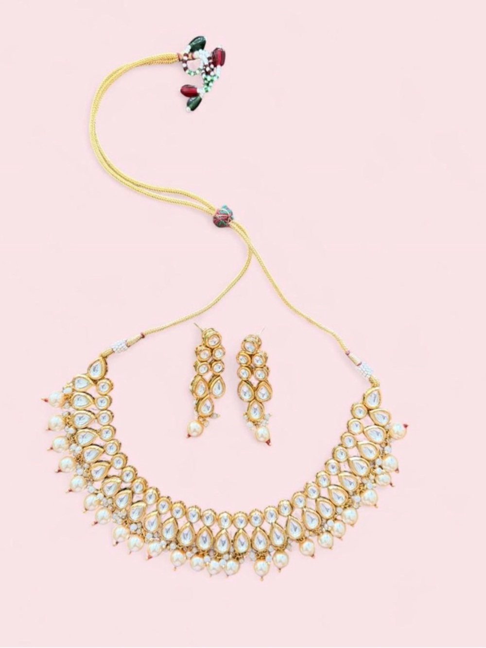 Gold-Tone White Pearl Kundan Necklace Set